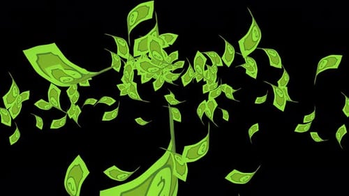 Explode falling dollars on transparent background, alpha channel