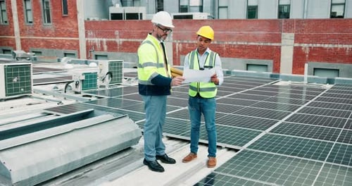 Men, engineer and talk with blueprint for solar panel design, floor plan and technical drawing