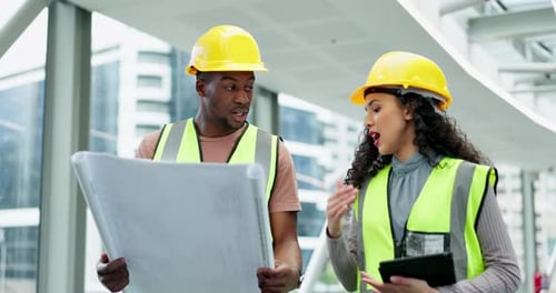 Engineering, teamwork and blueprint with people in city for planning, building or development