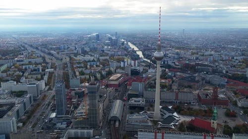Aerial Establishing Shot of Downtown Berlin Featuring Famous Fernsehturm Television Tower in
