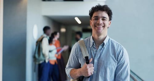 Face, confident and man in college, hallway or happy to learn with scholarship