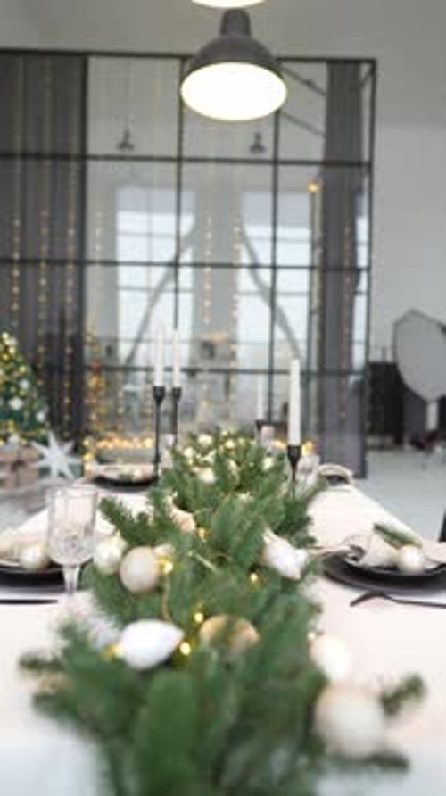 Modern Holiday Table Decorated with Lights