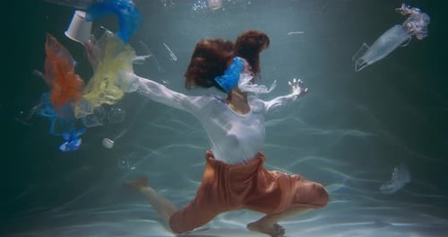 Junge Frau gemischter Abstammung in Zeitlupe schwimmt unter Wasser, verschiedene Einweg-Plastikabfälle und Müll