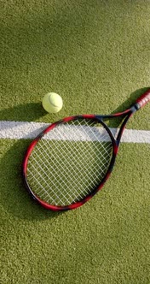 Vertical video: Tennis racket and ball on grass court, ready for game