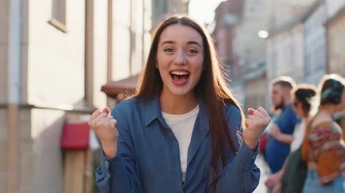 Young Woman Shouting Celebrating Success Winning Goal Achievement Good Victory News in City Street