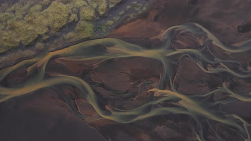 Aerial view of river delta near land, Iceland.