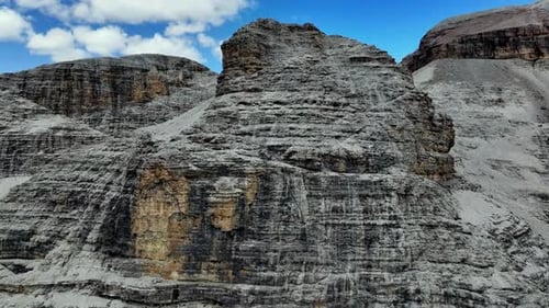 drone closeup fo a mountain of dolimites