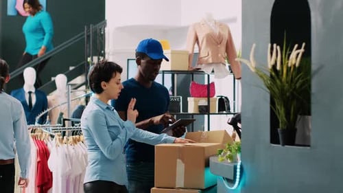 Worker Looking at Packages with Courier