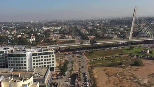 Tramway in Casablanca with a view on the sidi maarouf Cable-stayed bridge
bridge