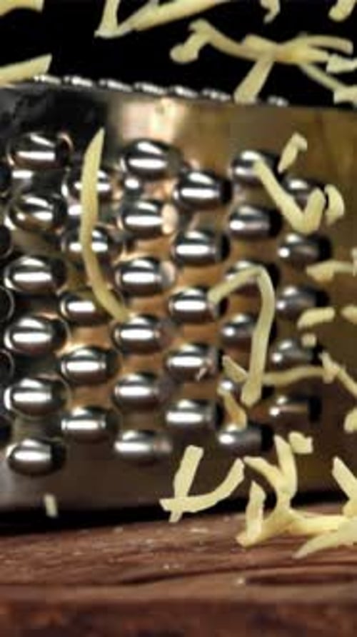 The Grated Cheese Falls on a Wooden Board Filmed on a Highspeed Camera at 1000 Fps