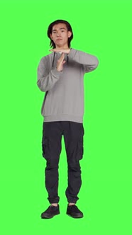 Front View of Model Does Timeout Symbol with Hands