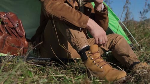 Hiker Tourist Traveler Man Drinking Hot Thermos Cup Mountain Camping Camp Tent Traveling Hikingю