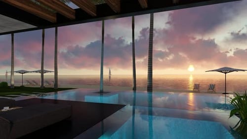 4K video of modern house with wood plank facade by the sea or ocean on sunset
