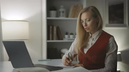 Woman working on laptop and taking notes