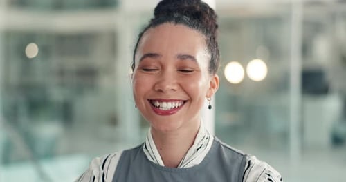 Happy, professional and face of businesswoman in office with confidence for finance career