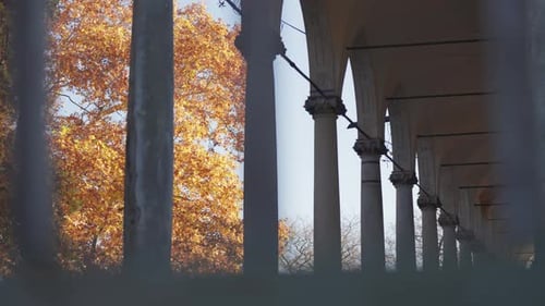 Queen Anne's Summer Palace Columns Framed by Vibrant Autumn Foliage