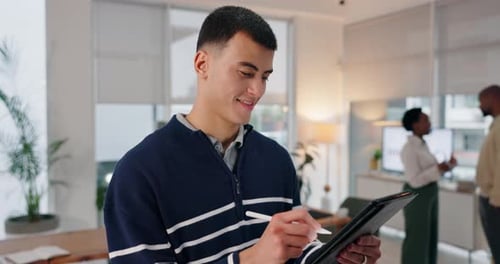 Research, tablet and businessman with pen in office for software development, review and update