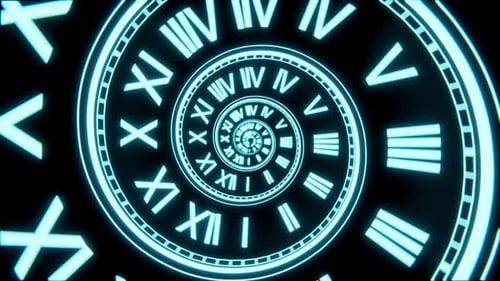 Animación de reloj en espiral de neón sin fisuras, fondo de concepto de tiempo futurista