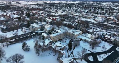 Linden Hall School for Girls in Lititz PA. Winter snow scene in evening. Aerial view.