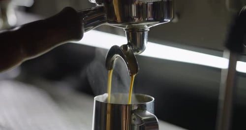 Cooking Americano Or Espresso For Customers In Cafe Automatic Coffeemaker In Cafeteria Closeup