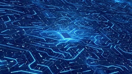 Digital Circuit Board with Glowing Data Lines Animation