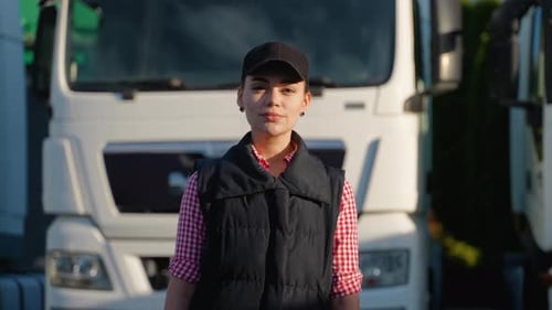 Confident Woman Standing near Trucks on Sunny Day