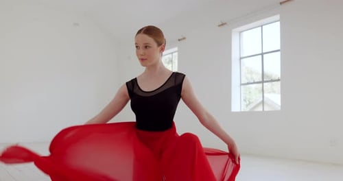 Dance, creativity and art with woman dancer and red fabric cloth, training for performance
