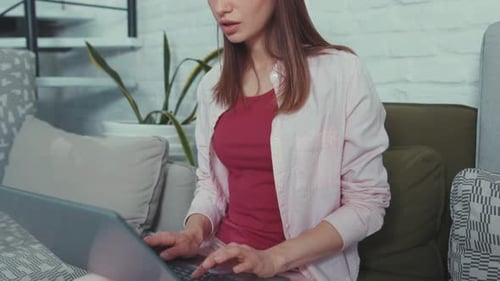 Annoyed Young Woman Working on Laptop Feel Sudden Bad Surprise Amazed with Computer Problem Reading
