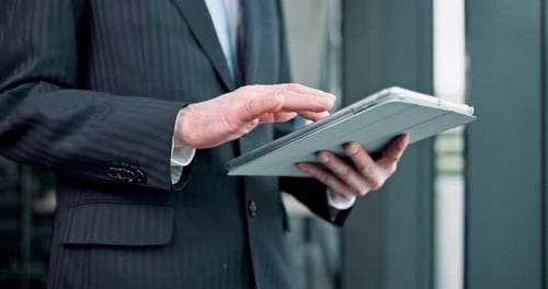 Man, hands and tablet in office for business, update schedule and planning in app