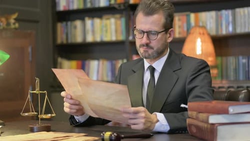 Middle Aged Lawyer Reading Court Orders in Office