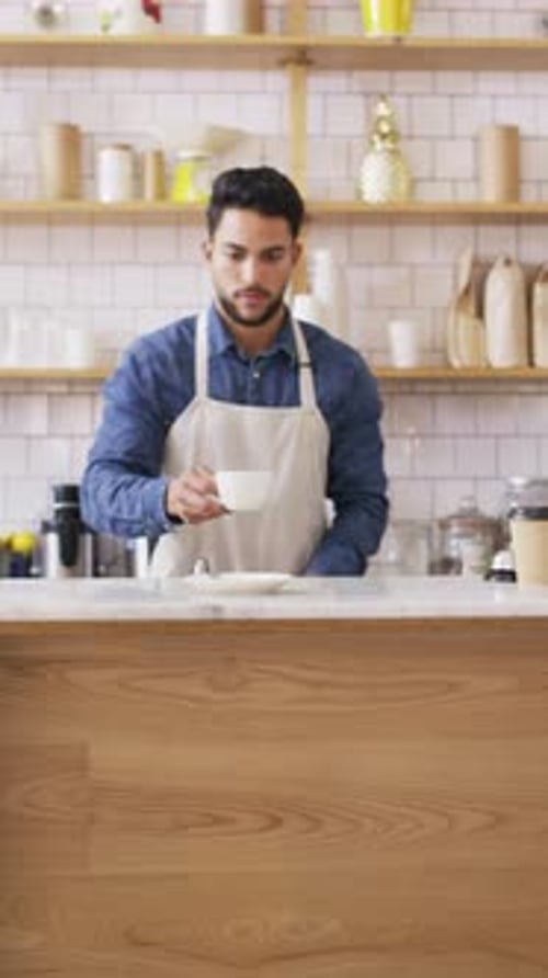 Happy man, face or barista serving with coffee in cafe for hospitality, catering