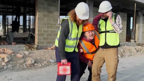 First aid for worker accident in construction site, medical workers with a first aid kit