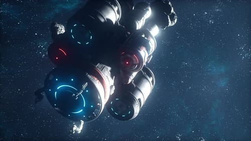 Futuristic Spacecraft Animation with Pulsating Lights in Deep Space
