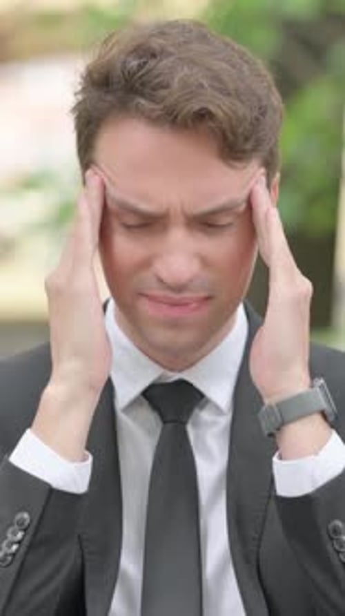 Man in Suit with Headache Rubbing Temples Outdoors
