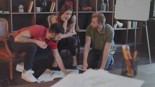 Confused woman discussing business plan with creative marketing team in modern office