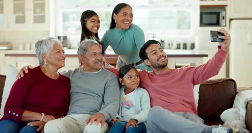 Family, selfie and grandparents with children on sofa for bonding, quality time