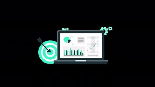 Flat Design Laptop with Animated Business Graphs and Target