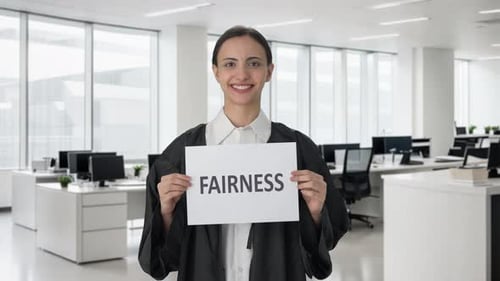 Female Lawyer Holds Fairness Sign in Modern Office