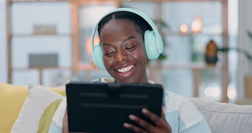 Tablet, home and black woman listening to music, sound track or radio network for stress relief
