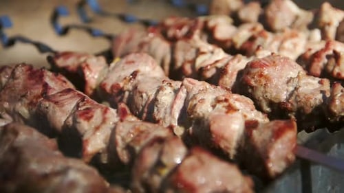 Close Up Barbecue Meat Cooking on Hot Charcoal Outdoor. Macro of Smoked