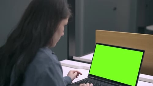 girl studying remotely, holding an online meeting green screen