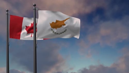 Waving Flags of Canada and Cyprus on Flagpoles