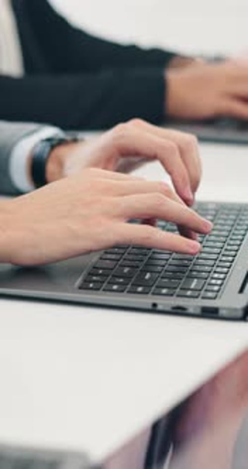 Business, data entry and hands with laptop, typing and digital report for administration on website