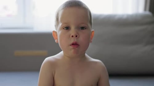 Portrait Coughing Child Kid Boy Cough Indoors Naked Body Looking Camera Sad Ill