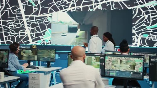 Employees Team Monitoring Delivery Cars in Traffic Via CCTV Radar Footage