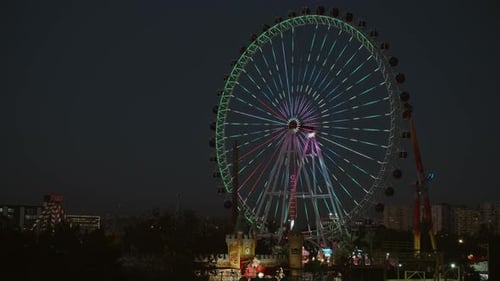 Amusement park, beautiful lighting in the dark. Ferris wheel.