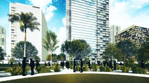 Silhouette People in Public Park of Office Building with Blue Sky and Clouds