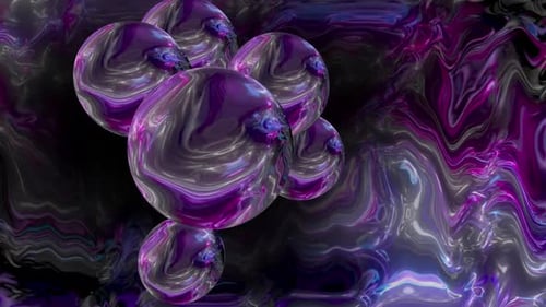 Abstract Purple Reflective Spheres with Fluid Motion Background