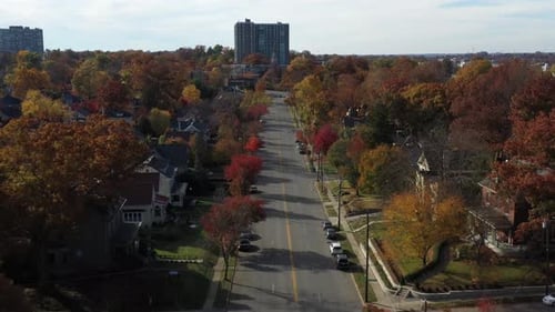 Aerial view of city street and building, United States.
