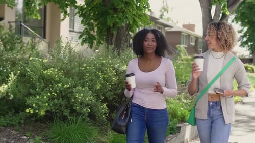 Two women walking and talking on a suburban street